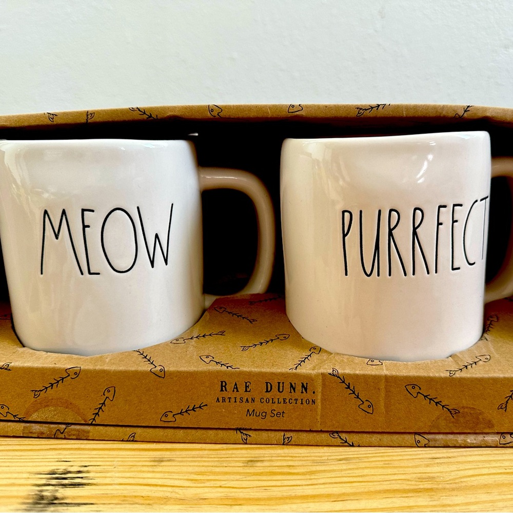 Rae Dunn set of two mug Meow cat lover